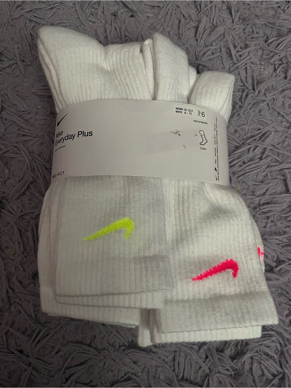 Nike White Crew Socks with Neon Yellow & Neon Pink Swoosh - 6 Pack